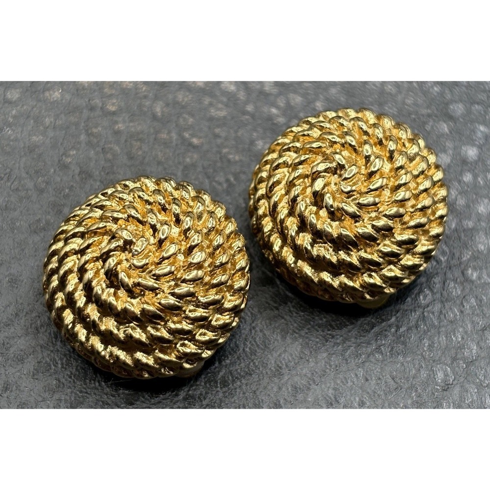 Vintage 80s Givenchy Textured Woven Dome Chunky Clip On Earrings Gold Tone